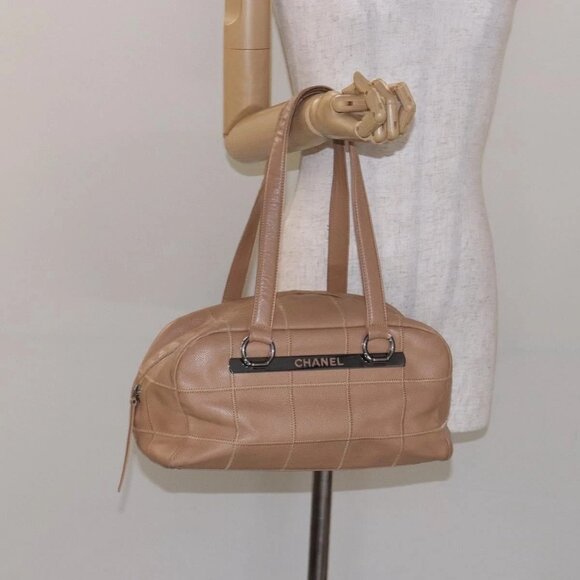 CHANEL Choco Bar Hand Bag Grained Calf Skin Beige Silver CC Auth 133063 - Picture 14 of 16